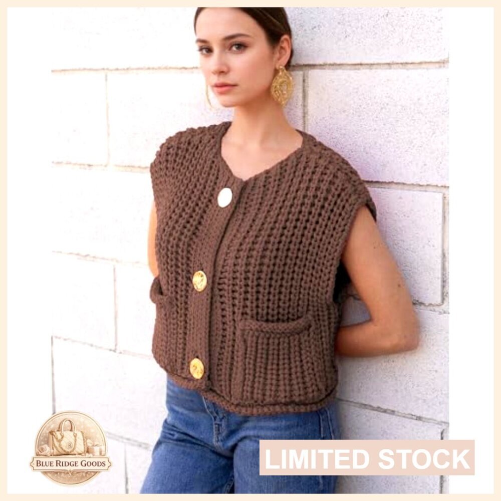 Crochet Chunky Knit Sleeveless Button Down Crop Top Cardigan Sweater Vest with - Picture 2 of 7